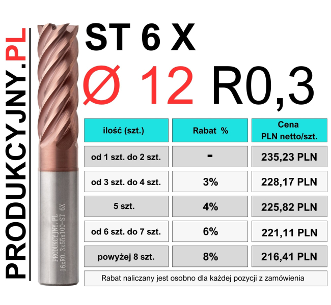 Frez trochoidalny fi 12 R0,3 ST 6 X